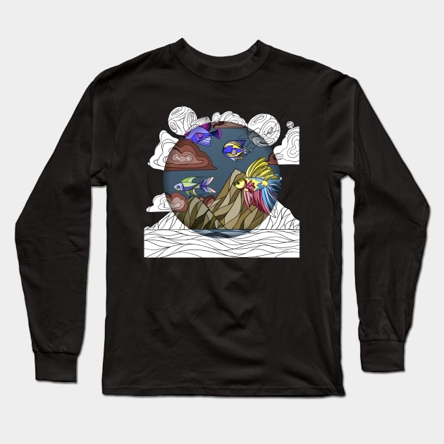 Cricled Space Fish Long Sleeve T-Shirt by Bagaz